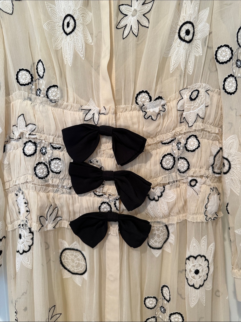 Rebecca Taylor Cream Maxi Dress with Black Floral Embroidery and Bows - Picture 4 of 7